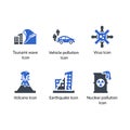 Tsunami wave, Vehicle pollution, Virus, Volcano, Earthquake, Nuclear pollution, icon Royalty Free Stock Photo
