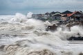 tsunami waves crash onto shore and breach coastal dikes, causing flooding and destruction