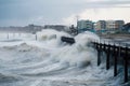 tsunami waves crash over seawalls, flooding coastal cities and towns Royalty Free Stock Photo