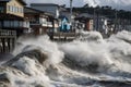 tsunami waves crash over seawalls, flooding coastal cities and towns Royalty Free Stock Photo