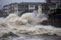 tsunami waves crash over seawalls, flooding coastal cities and towns Royalty Free Stock Photo