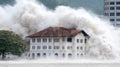 Tsunami waves crashing against an iconic building during daytime, creating an Royalty Free Stock Photo