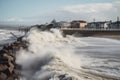 tsunami waves crashing over seawalls and dikes in coastal communities