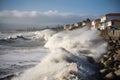 tsunami waves crashing over seawalls and dikes in coastal communities