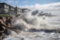 tsunami waves crashing over seawalls and dikes in coastal communities