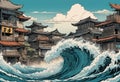 Tsunami waves encroach on land submerging Japanese coastal city, Comic book style