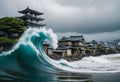 Tsunami waves encroach on land submerging Japanese coastal city Royalty Free Stock Photo