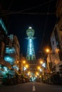 Tsutenkaku tower and Shinsekai in Osaka during summer night at Osaka Honshu , Japan : 3 September 2019