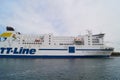 The TT-Line ferry `Nils Holgersson` in Rostock WarnemÃÂ¼nde Royalty Free Stock Photo