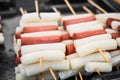 Tteok kochi rice dumplings with sausage, a staple Korean street food dish.