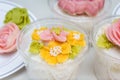 Tteok, korean rice flour steamed cake with bean paste decoration