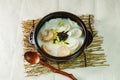 tteok mandu guk, Korean style dumpling soup with sliced rice cake Royalty Free Stock Photo