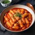 Tteokbokki or Topokki , stir fried rice cake stick, popular Korean street food Royalty Free Stock Photo