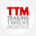 TTM Trailing Twelve Months - measurement of a company\'s financial performance used in finance