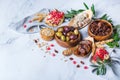 Tu Bishvat holiday symbols - dried fruits, pomegranate, barley, wheat