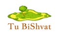 Tu BiShvat. Jewish festival of fruit trees. Summer meadow with trees and bushes. Event name