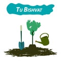 Tu Bishvat Jewish new year of trees. Planting trees on Tu Bishvat. Flat style. Vector illustration on isolated