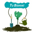 Tu Bishvat Jewish new year of trees. Planting trees on Tu Bishvat. Flat style. Vector illustration on isolated