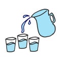 Pouring water illustration. jug and three glasses icon. hand drawn vector. fresh drinking, mineral water, healthy drink. doodle ar Royalty Free Stock Photo