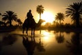 Tuareg riding in a camel in desert oasis at sunset. Generative Ai