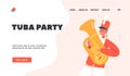 Tuba Pary, Parade Marching Landing Page Template. Happy Boy Play Festival Music With Tuba. Kid Character in Uniform