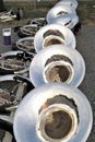 Tubas on ground during marching band practice Royalty Free Stock Photo