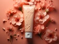 tube of cosmetic cream on pinkish neutral background with flowers, space for text, cosmetic or pharmaceutical product