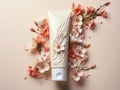 tube of cosmetic cream on pinkish neutral background with flowers, space for text, cosmetic or pharmaceutical product