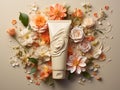 tube of cosmetic cream on pinkish neutral background with flowers, space for text, cosmetic or pharmaceutical product