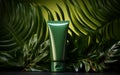 Tube of Cosmetics with Large Green Leaf Background. Generative AI Royalty Free Stock Photo