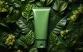 Tube of Cosmetics with Large Green Leaf Background. Generative AI Royalty Free Stock Photo