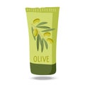 Tube of cream. Olive cosmetics. Olive branch tube. Spa and skin care treatment, beauty routine, spa, wellness, natural