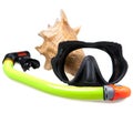 Tube for diving (snorkel), big sea shell and mask Royalty Free Stock Photo