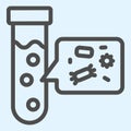 Tube flask with virus line icon. Flask with analyze germs or bacteria bulb outline style pictogram on white background