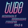 Tube Neon vector font. Glowing green and pink capital letters and numbers on dark blue background. Glowing font in cyber style Royalty Free Stock Photo