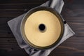 Tube Pan Filled with Lemon Pound Cake Batter A non-stick angel food cake pan filled with yellow cake batter viewed from directly Royalty Free Stock Photo