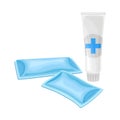 Tube of Pharmaceutical Substance and Sterile Bandage Packaging for First Aid Treatment Vector Illustration