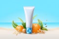 Tube of sunscreen on beach sand, tropical plant, seashells. Generative ai