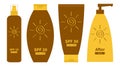 Tube of sunscreen suntan oil cream. After sun lotion. Bottle set. Solar defence. Spiral sun sign symbol icon set line. SPF 15 20