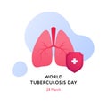 Tuberculosis disease concept. Vector flat healthcare illustration. World day square banner template. Red infected lung with shield