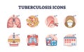 Tuberculosis icons and TB bacterial infection treatment outline concept