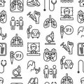 Tuberculosis seamless pattern with thin line icons: infection in lungs, x-ray image, dry cough, pain in chest and shoulders,