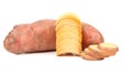 Tubers of potato slices and stack chips. Royalty Free Stock Photo