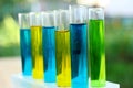 Tubes with aqueous of colored dyes.solutions