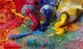 Tubes with art oil paint on a palette. colorful art paints close-up.