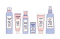 Tubes and bottles of sunscreen products with different SPF levels in line art style. Set of anti-UV cream, lotion, spray