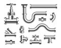 Tubes and piping plumbing and canalization isolated metal pipeline elements Royalty Free Stock Photo