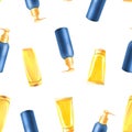 Tubes for sunscreen, yellow and blue. Watercolor illustration hand drawn for prints of textile, fabric, wallpaper