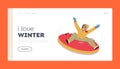 Tubing Winter Holidays Extreme Landing Page Template. Happy Girl Sliding on Snow Tube, Active Female Character Fun Royalty Free Stock Photo