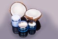 Tubs containing coconut oil are used as moisturizer for skin